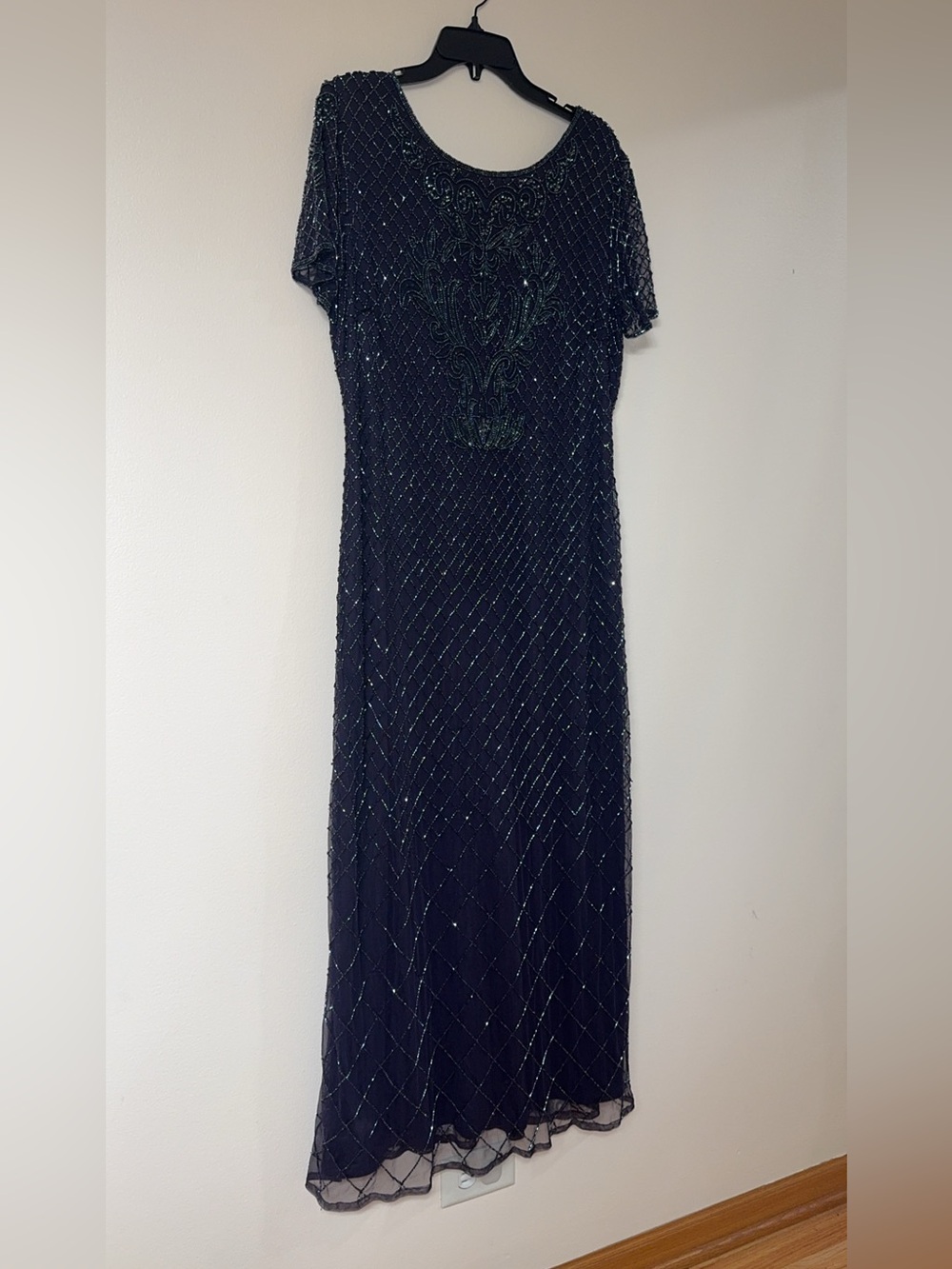 Pisarro Nights Formal Evening Dress Plus Size 14 W Navy Blue Allover Beaded NEW